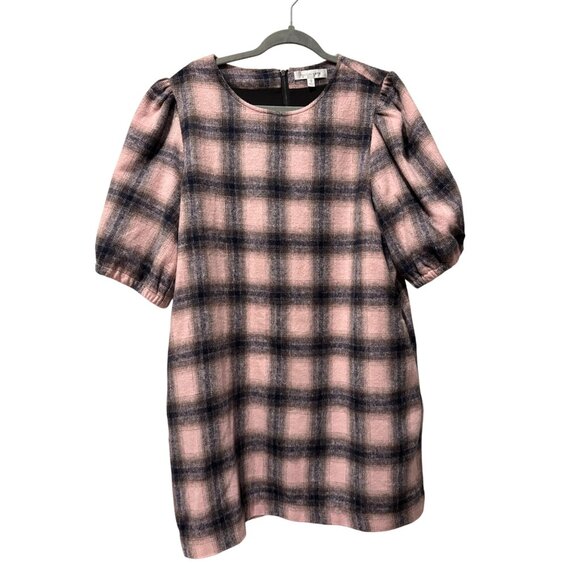 Pink & Gray Plaid Puff Sleeve Mini Dress By Toccin X RTR Size 12 Blend Fabric - Picture 3 of 12